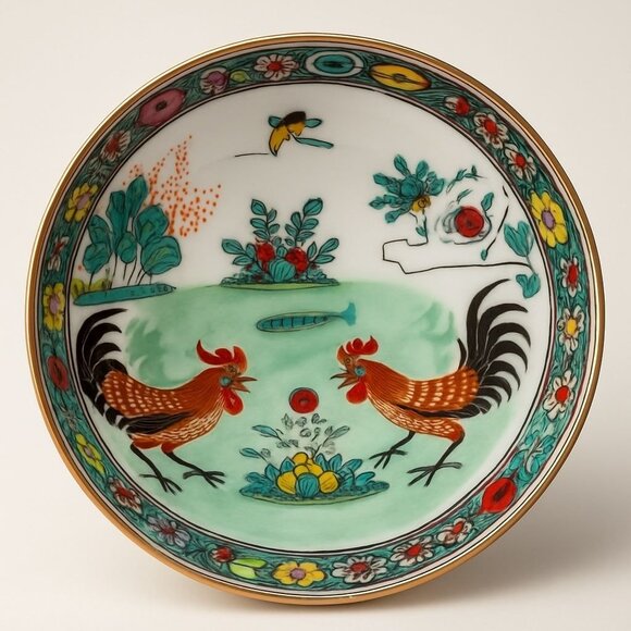 Vintage Hand-Painted Porcelain Bowl With Rooster Design Decorated In Hong Kong - Picture 1 of 7